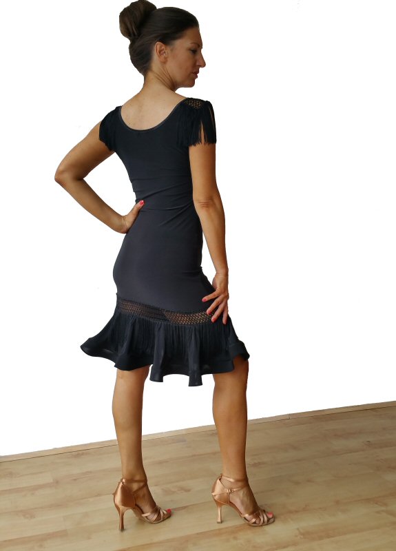 Stretchy black knee length dress with fringe