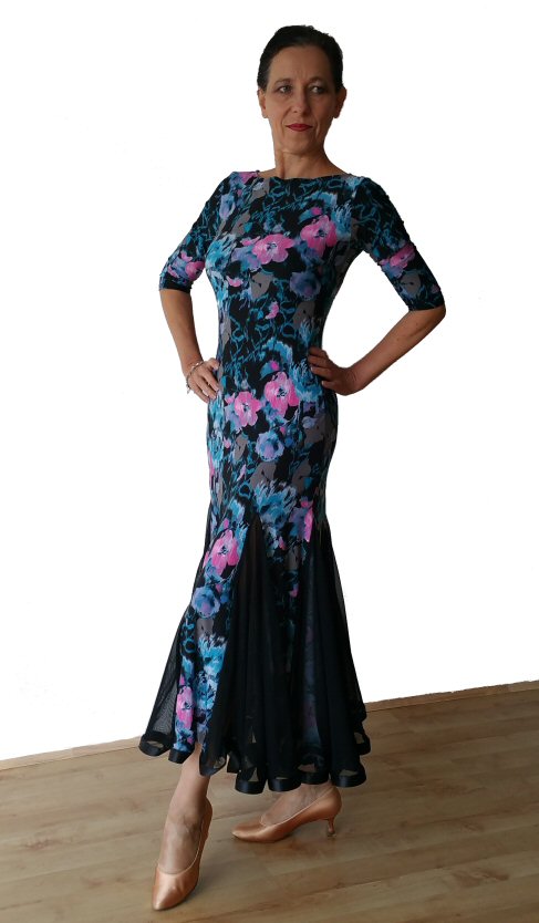 Floral print Ballroom dress with black net godets