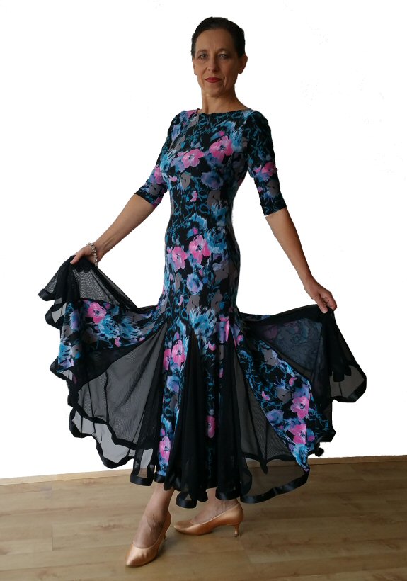 Floral print Ballroom dress with black net godets