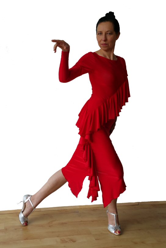 Diagonal frill Red Latin dress with sleeves