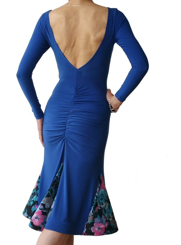 Long sleeve Open back Latin dress. Blue/ Flower print
