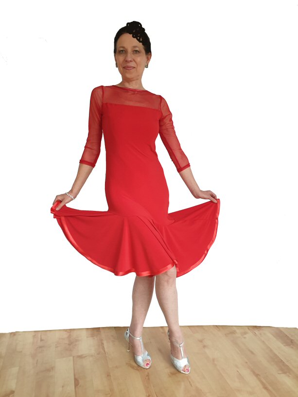 Red Ballroom / Latin practice dress with 3/4 mesh sleeves