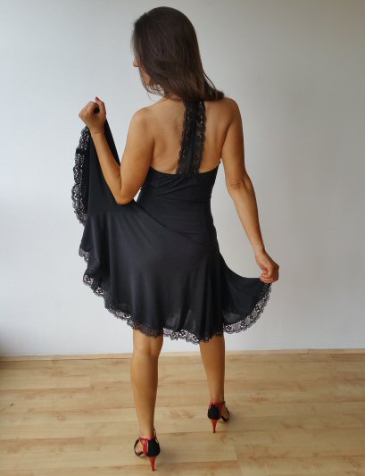 Open back black tango dress with lace