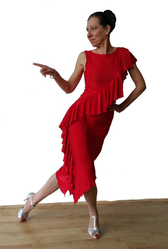 Long diagonal frill Red Latin dress