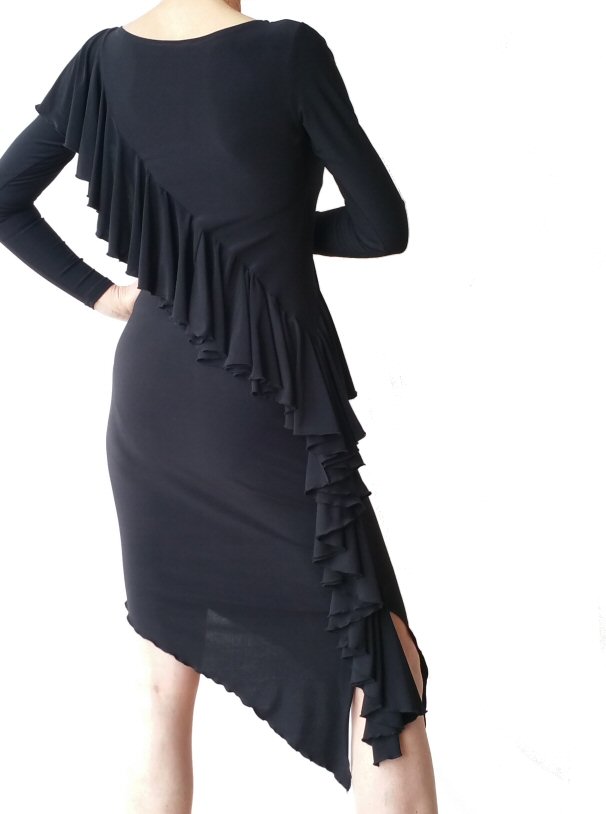 Diagonal frill Black Latin dress with sleeves
