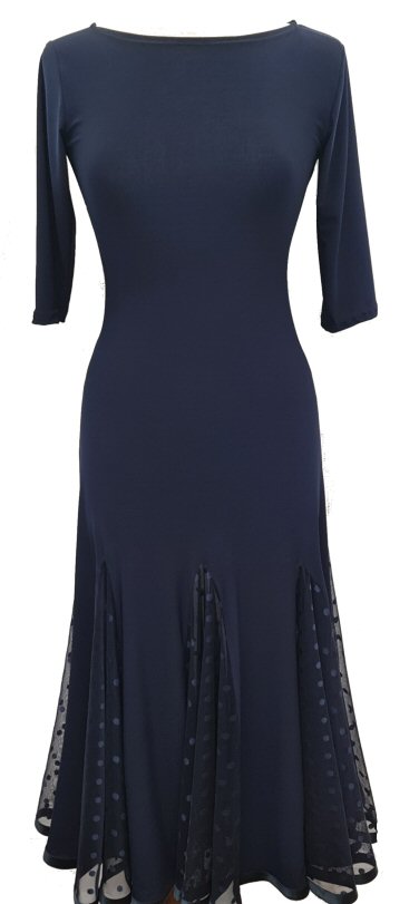 Navy Ballroom dress with dotted mesh godets