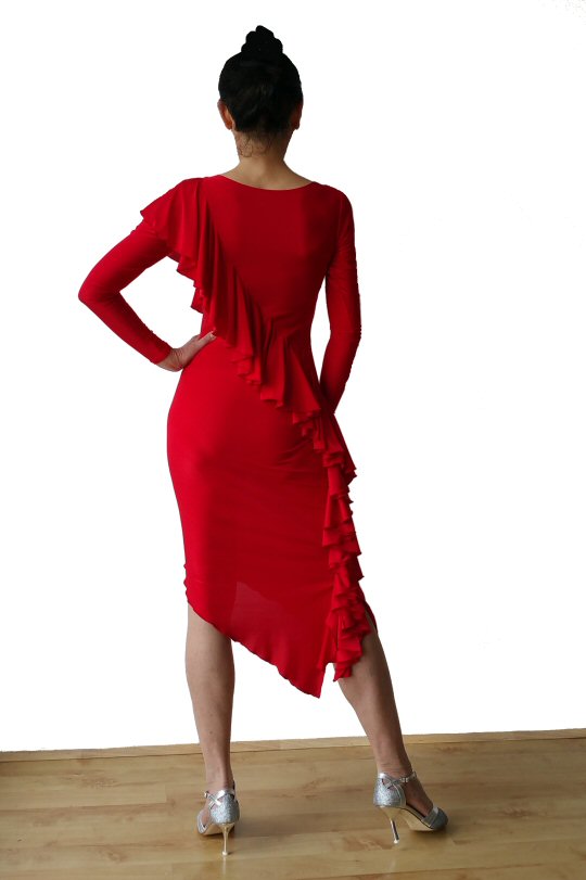 Diagonal frill Red Latin dress with sleeves