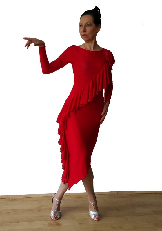 Diaginal frill Red Latin dress with sleeves