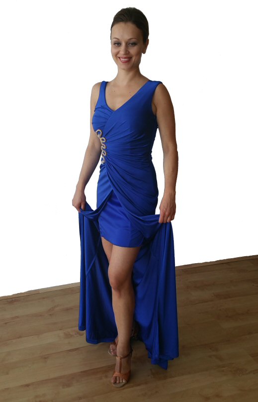 Blue full length evening dress with golden snake